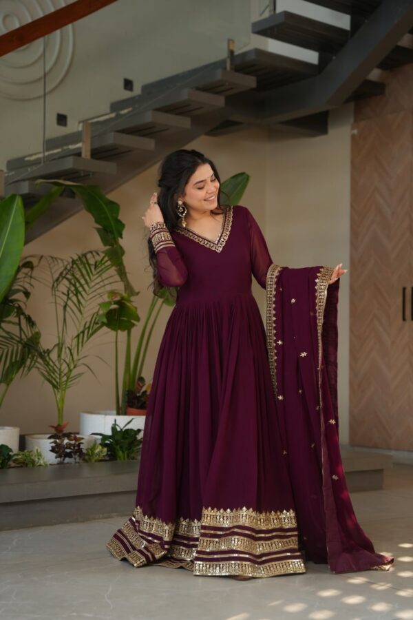 Women's Cotton Embroidered Anarkali Gown with Dupatta – Maroon Festive Wear Set - Image 11
