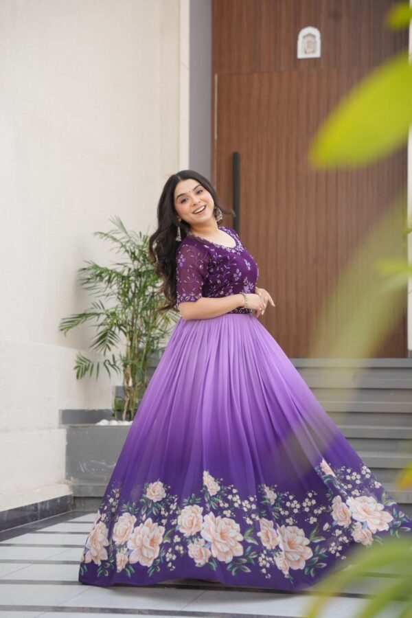 Women's Cotton Floral Printed Anarkali Gown Dress with Embellished Bodice – Party Wear