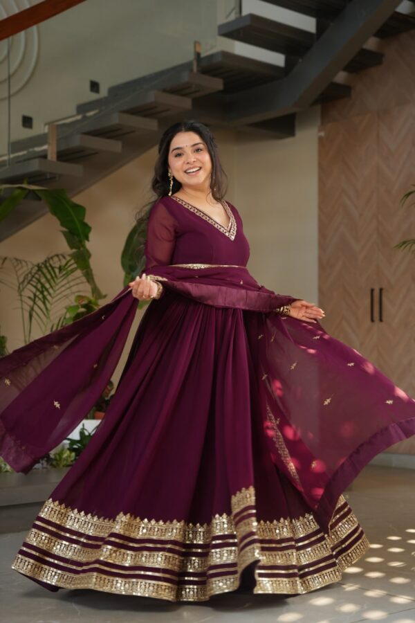 Women's Cotton Embroidered Anarkali Gown with Dupatta – Maroon Festive Wear Set - Image 3