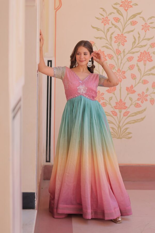 Women's Cotton Ombre Anarkali Gown Dress with Sequin Embroidered Net Sleeves - Image 19