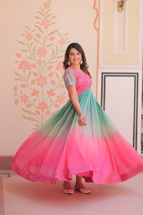 Women's Cotton Ombre Anarkali Gown Dress with Sequin Embroidered Net Sleeves