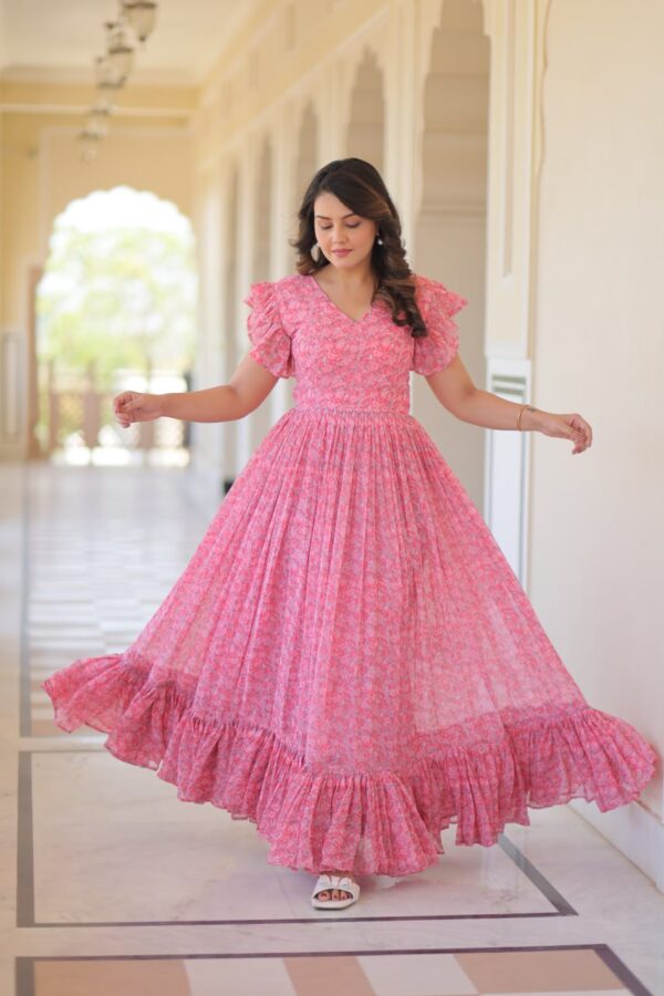 Women's Cotton Floral Printed Ruffle Anarkali Gown Dress (Pink)