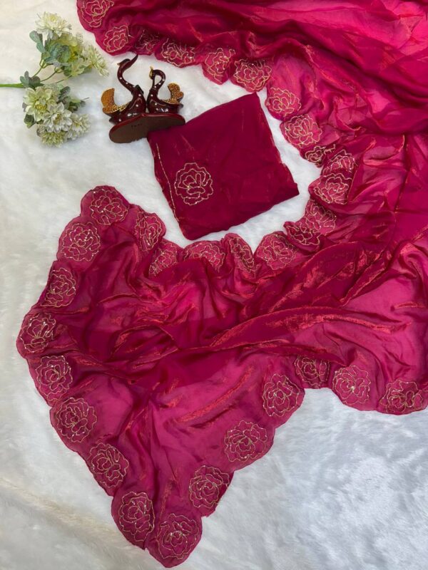 Women's Pure Soft Fendy Satin Saree with Full Floral Handwork Design & Running Blouse Piece – Available in Multiple Colors for Festive & Casual Wear - Image 3