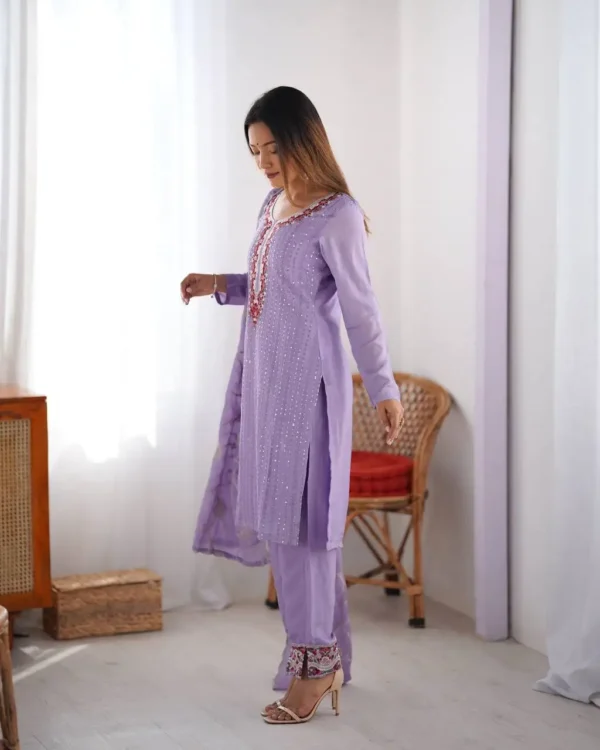 Women's Chinon Silk Sequence And Thread Work Straight Kurti With Pant and Dupatta Set - Image 6
